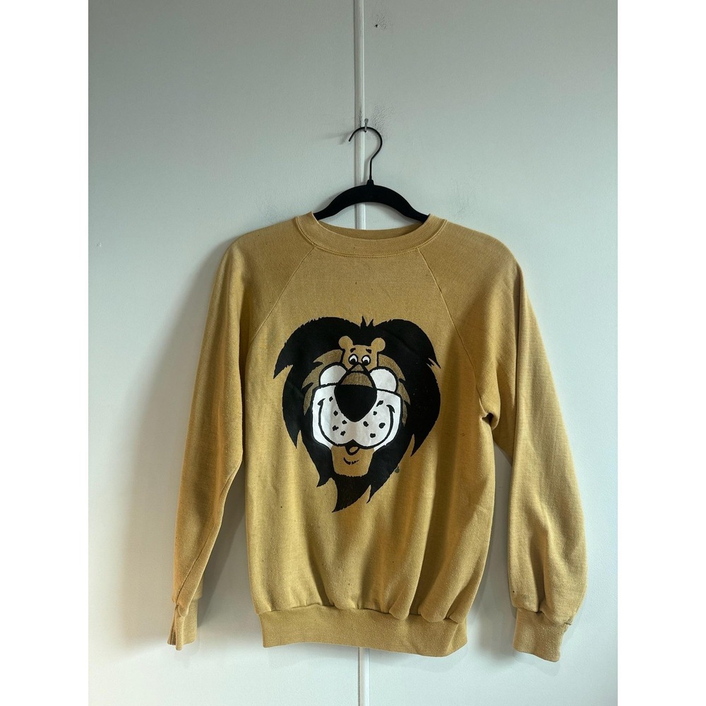 Vintage Harris Lion Graphic Sweatshirt Mens XS Beige Fleece Pullover Cartoon 70s